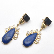 Lapis Lazuli Pear Cab Onyx Cz Gold Plated Fashion Dangle Earrings