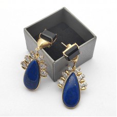 Lapis Lazuli Pear Cab Onyx Cz Gold Plated Fashion Dangle Earrings