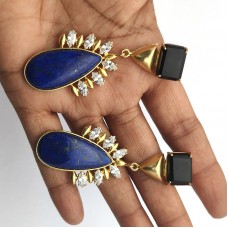 Lapis Lazuli Pear Cab Onyx Cz Gold Plated Fashion Dangle Earrings