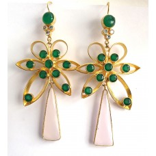 Natural Rose Chalcedony Green Onyx Flower Gold Plated Dangle Earrings 