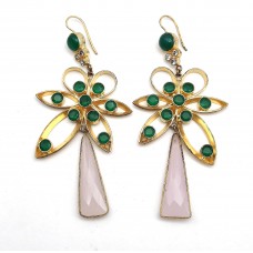 Natural Rose Chalcedony Green Onyx Flower Gold Plated Dangle Earrings 