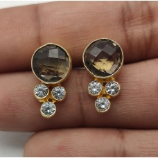 Smoky Quartz Round CZ Gemstone Gold Plated Stud Earrings