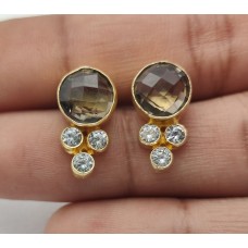 Smoky Quartz Round CZ Gemstone Gold Plated Stud Earrings