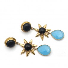 Aqua Chalcedony Pear Onyx Gold Plated Dangle Earrings