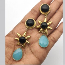 Aqua Chalcedony Pear Onyx Gold Plated Dangle Earrings