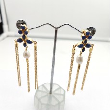 18k Gold Plated Natural Lapis Lazuli Pearl Gemstone Chain Drop Earring 