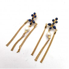 18k Gold Plated Natural Lapis Lazuli Pearl Gemstone Chain Drop Earring 