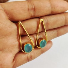 Aqua Chalcedony Oval Gemstone Gold Plated Stud Earrings 