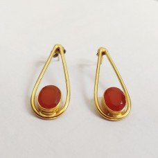 Carnelian Oval Gemstone Gold Plated Brass Stud Earrings