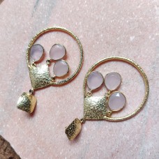 Rose Chalcedony Oval Gold Plated Bezel Hoop Designer Earrings