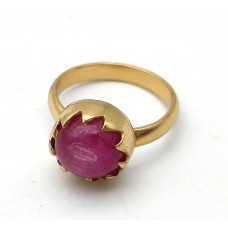 Pink Quartz 10mm Gemstone cab Brass Gold plated Ring Size US 6.75