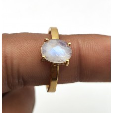 Rainbow Moonstone 9x7mm Oval Gemstone Gold plated Prong Ring US 7