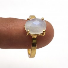 Rainbow Moonstone 9x7mm Oval Gemstone Gold plated Prong Ring US 7
