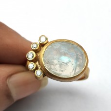 Rainbow moonstone Silver gold plated handmade Ring Size US 10.5