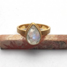 Handmade Rainbow moonstone Pear silver gold plated Ring Size US 9