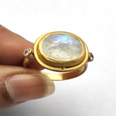 Handmade Rainbow moonstone oval silver matt gold plated Ring Size US 10