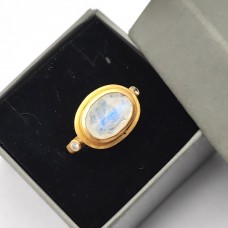 Handmade Rainbow moonstone oval silver matt gold plated Ring Size US 10