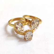 Crystal Quartz 9x7mm Oval Gemstone Brass Gold plated Prong Ring Size US 8